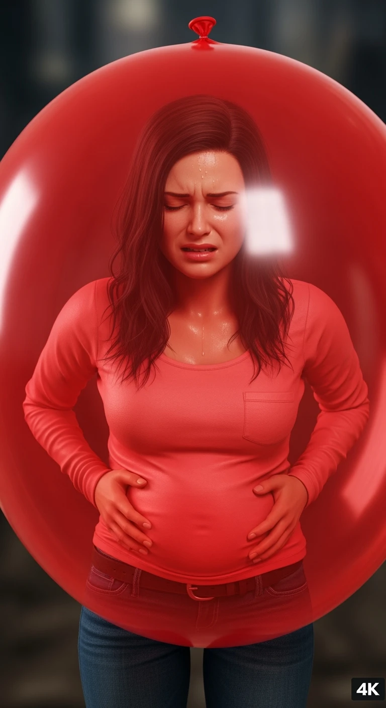 DONNA CON MAL DI PANCIA E INTESTINO CHIUSO IN UN PALLONCINO ROSSO, ESPRESSIONE DI DOLORE IN VOLTO, IPERREALISTICA 4K emoji