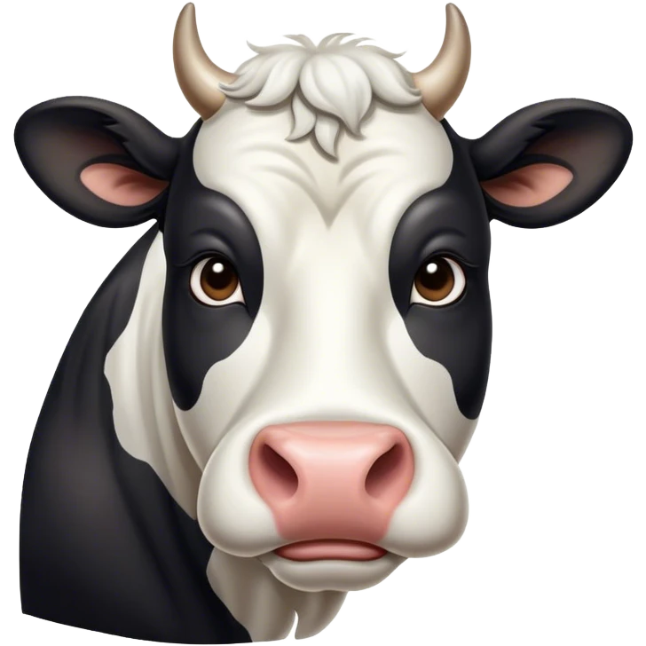 Cinematic Noble Black and White Cow Portrait Emoji, Poised and regal, with a large, sturdy build and a striking, well-groomed coat of pure black accented by crisp white patches, deep-set soulful brown eyes, Simplified yet sharp and sophisticated features, highly detailed, glowing with a soft, dignified glow, high shine, intelligent and calm, stylized with an air of modern elegance, focused and attentive, soft glowing outline, capturing the essence of a watchful and confident bovine guardian, so majestic it feels as though it could stride out of the screen with effortless authority! emoji