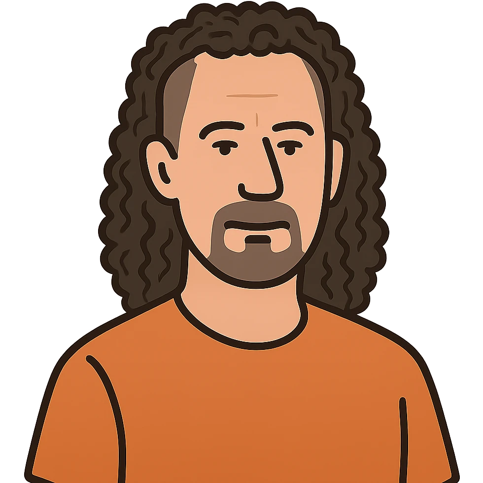 flat toon style white man in his 40s, long tight curly hair with short sides, no background emoji
