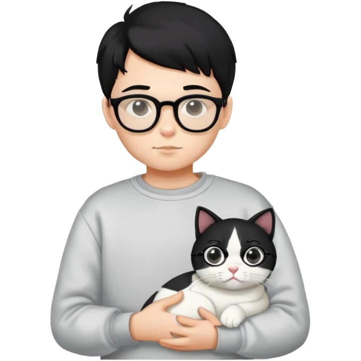 A boy wearing a sweatshirt, black hair and glasses is holding a white cat emoji