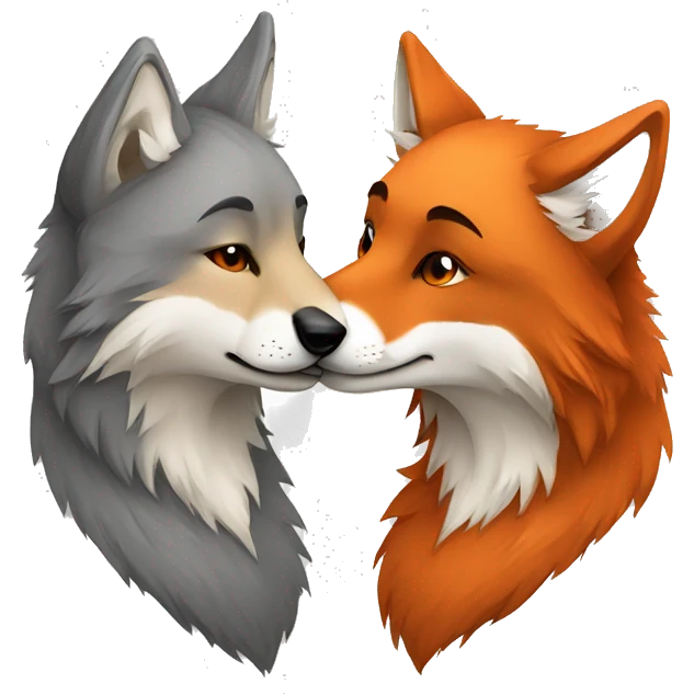 Male gray wolf kisses female red fox emoji
