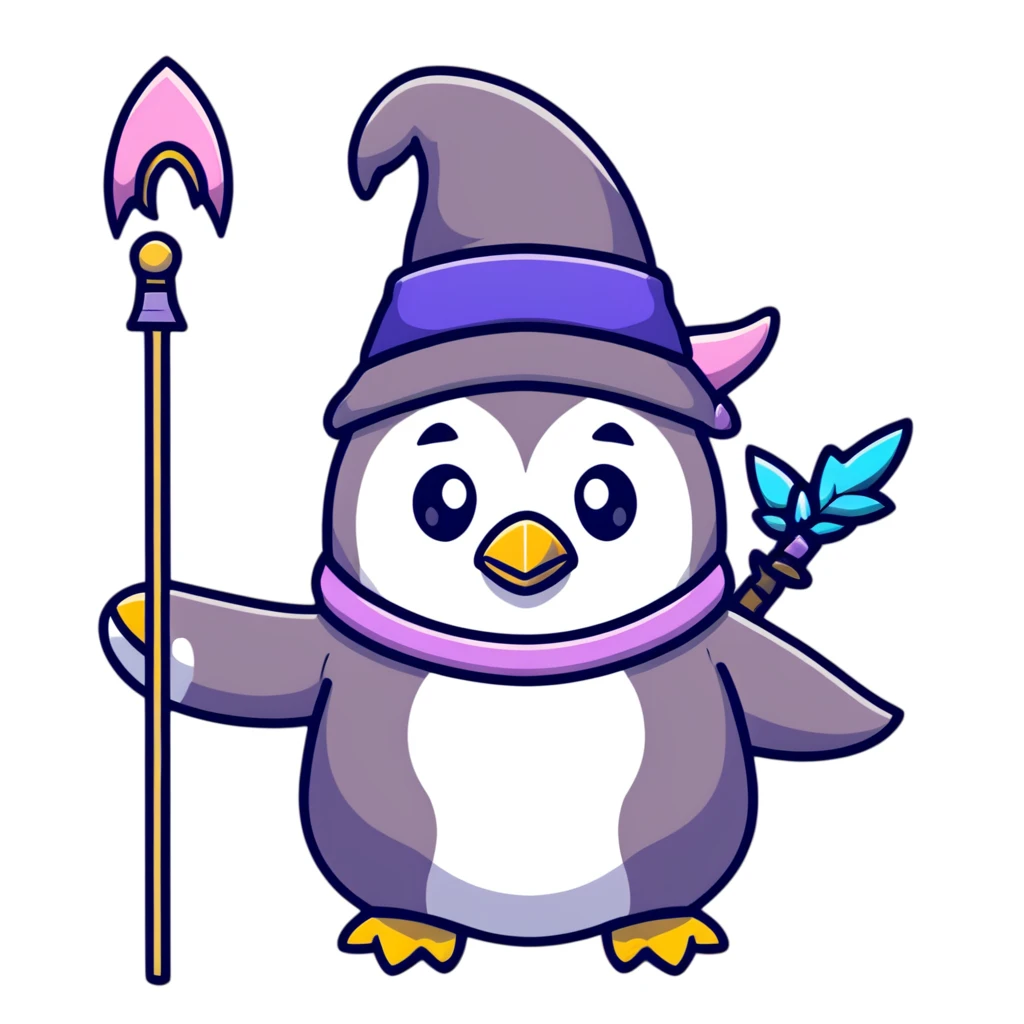 penguin wizard with a staff and hat, surrounded by a small dragon, fairy, and unicorn, colorful fantasy landscape with gothic castle emoji
