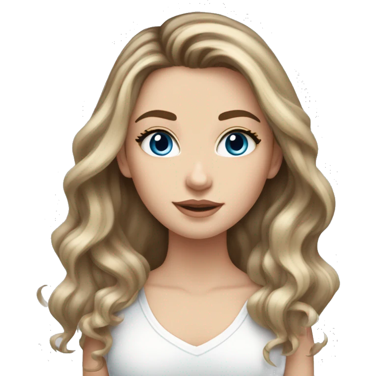 White girl with long voluminous brown hair with blonde highlights balayage and blue eyes emoji