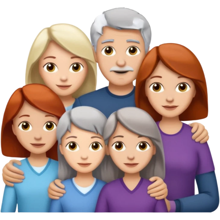 Family emoji showing a family of five. Father has grey hair, mother has mixed grey/brown hair, three daughters with blonde, brunette and redhead hair colors. emoji