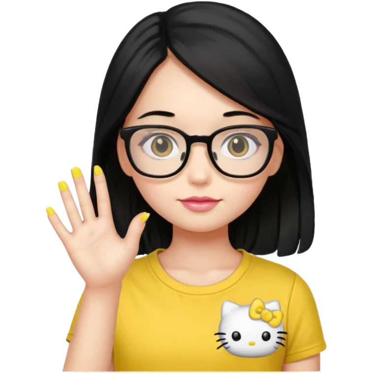 Nails cute with hello kitty wear glasses black long  hair wear, yellow shirt emoji
