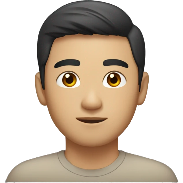 A head and shoulders shot of a 32 year old Asian man, with short black hair,   with brown eyes wearing a t-shirt. emoji