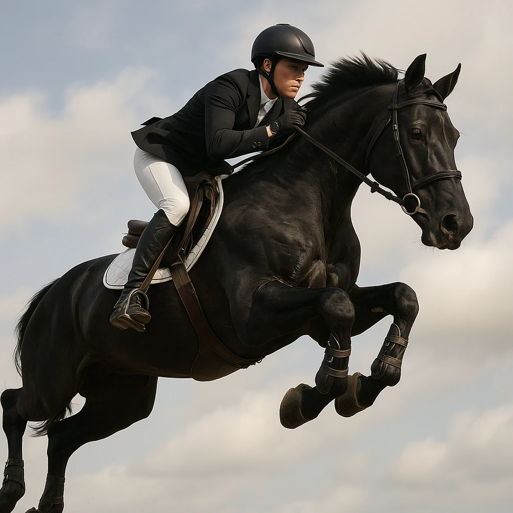 an equestrian riding a black horse, both jumping in a Grand Prix style, dynamic action pose, no barriers or obstacles visible emoji