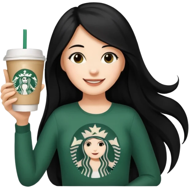 A young girl with long black hair, reaching up to her belly, holds a cup of Starbucks coffee.
 emoji