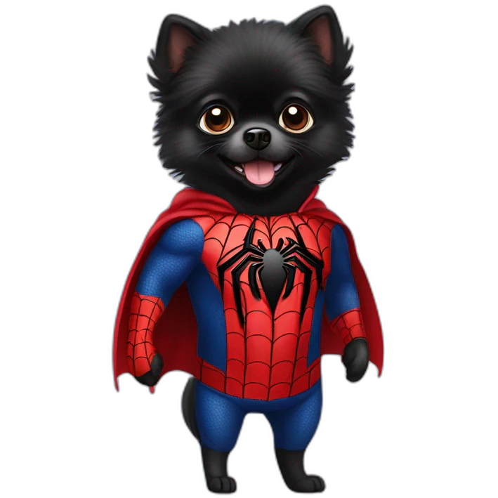 Black Pomeranian dressed as spiderman emoji