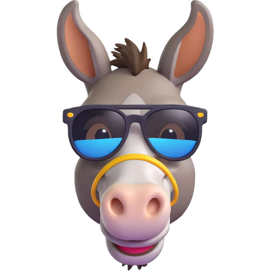Add cool black sunglasses to the donkey, keep 3D emoji style, with no background. emoji