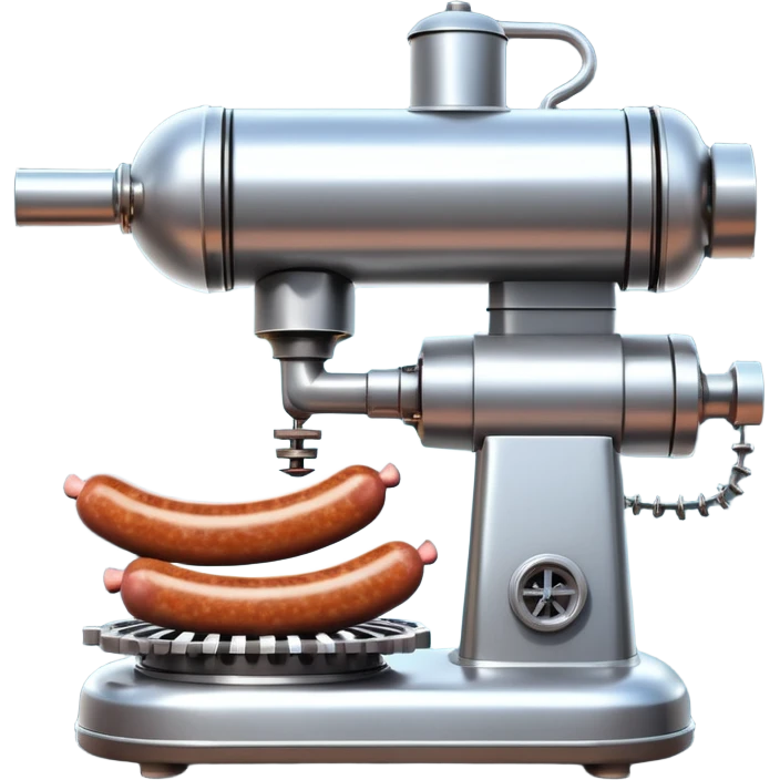 sausage-processing droid. retro-futuristic style. top is a circular industrial meat grinder with rotating gears and blades. Two robotic arms feed material into grinder. Sausage links extrude from the rear like  factory. The body is metallic, compact, and floats above the ground.no legs. Dark humor emoji