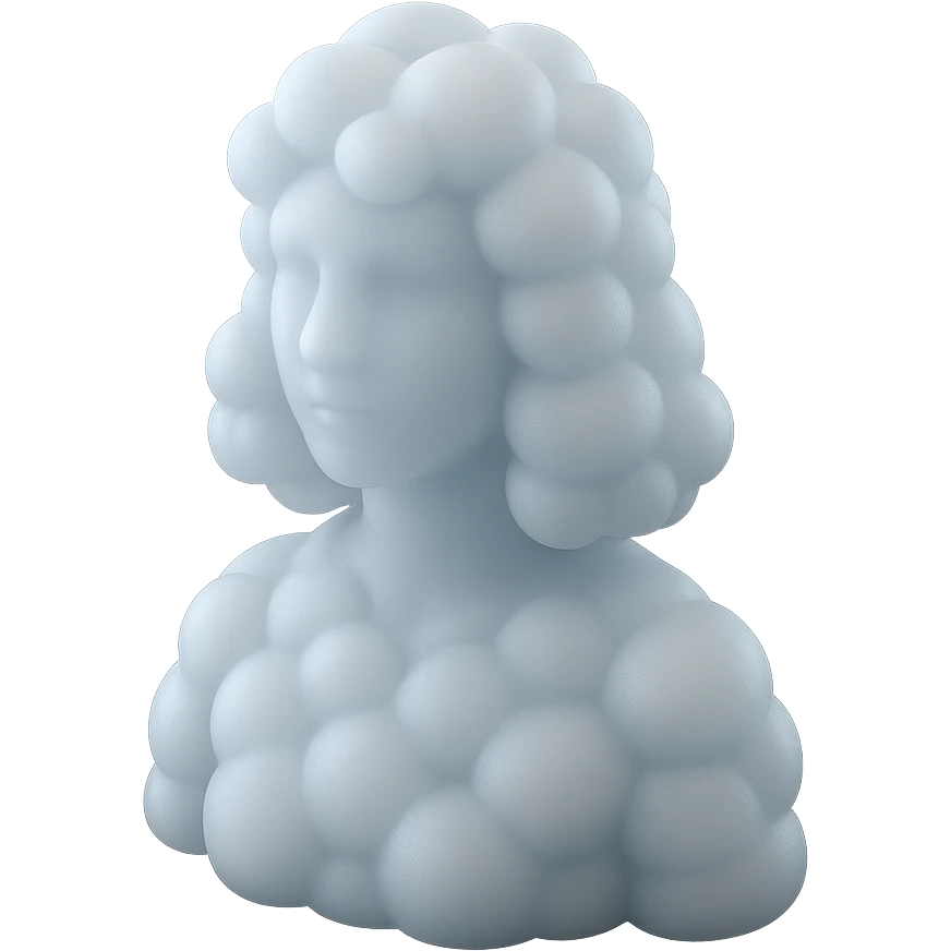 person looking straight ahead, composed entirely of white fluffy convex clouds, shoulder length, matte glass style emoji