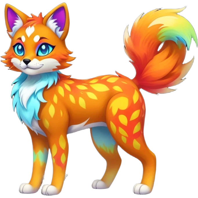 Vibrant multicolored neon-colored Falvie-Fionbri-creature-sparkle-feline-canine-hybrid-fursona, full body, fur pattern-markings emoji