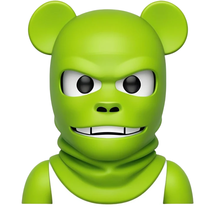 bearbrick toy wearing a lime green balaclava with angry aggressive thick eyebrows showing above the mask emoji