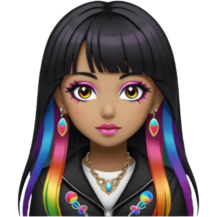 hime gyaru girl,  brown skin long black hair with rainbow fringe, tattoos, dark makeup, goth grunge clothes emoji