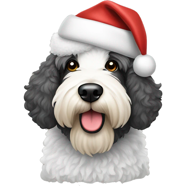 Sheepadoodle dog w Santa hat emoji