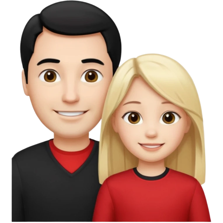 make a father and a daughter. both fair skinned. the daughter blonde, the father black haired. both straight haired. they are happy. wearing a black and red clothes. emoji