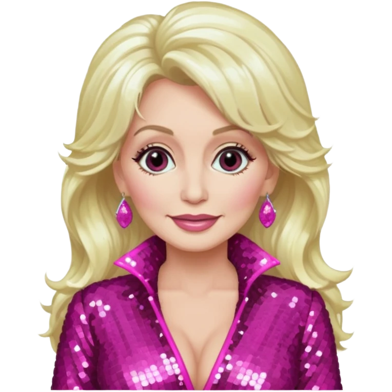 Dolly Parton with long platinum blonde hair, dark pink sequin outfit emoji