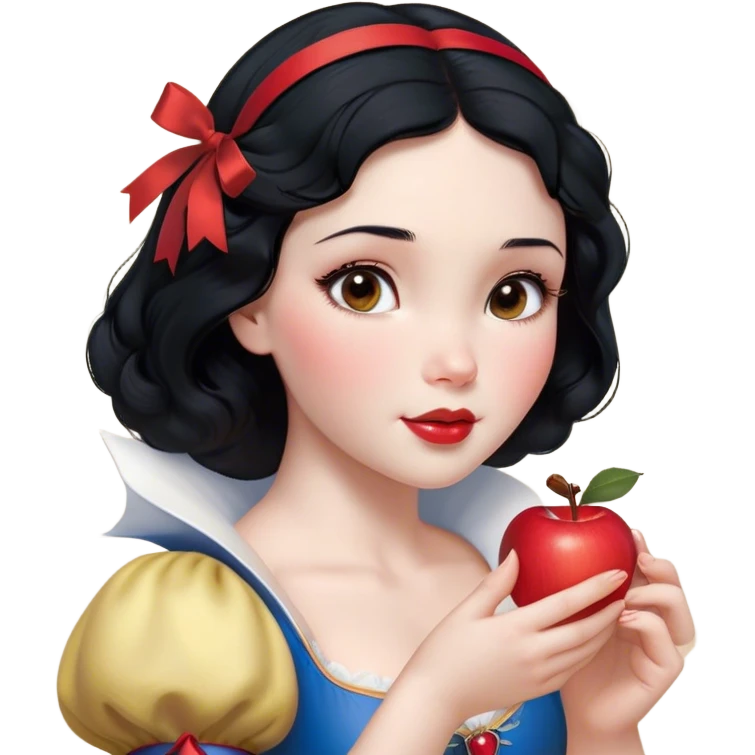 Cinematic Realistic Snow White Portrait, depicted with lifelike skin texture, soft natural lighting, and intricately detailed black hair styled with a red ribbon. Her soft brown eyes radiate innocence and kindness, complemented by a warm, gentle smile. She holds an apple in one hand, her other hand resting against her cheek, embodying her purity and charm. She is dressed in her classic yellow, blue, and red gown, the fabric rich in texture with delicate folds that catch the light beautifully. The portrait features a soft, natural glow with a radiant finish, capturing the essence of timeless beauty in a realistic and painterly style. emoji