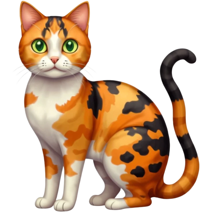 full body anxious looking colourful light calico tabby cat with large patchy patterns emoji