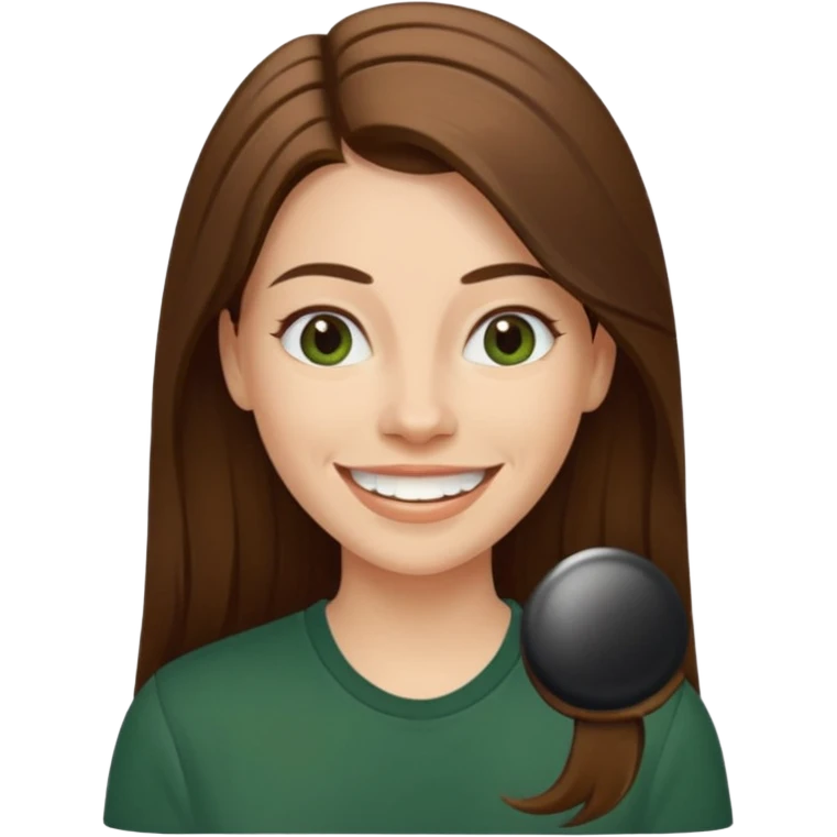 30 yr Caucasian woman long brown straight hair parted on side dark green shirt big smile white teeth emoji