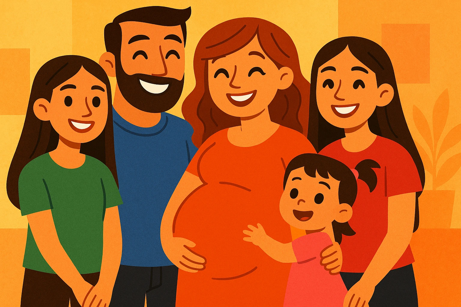 warm and joyful family portrait featuring a father, visibly pregnant mother, two teenage girls, and a 2-year-old baby girl, all together emoji