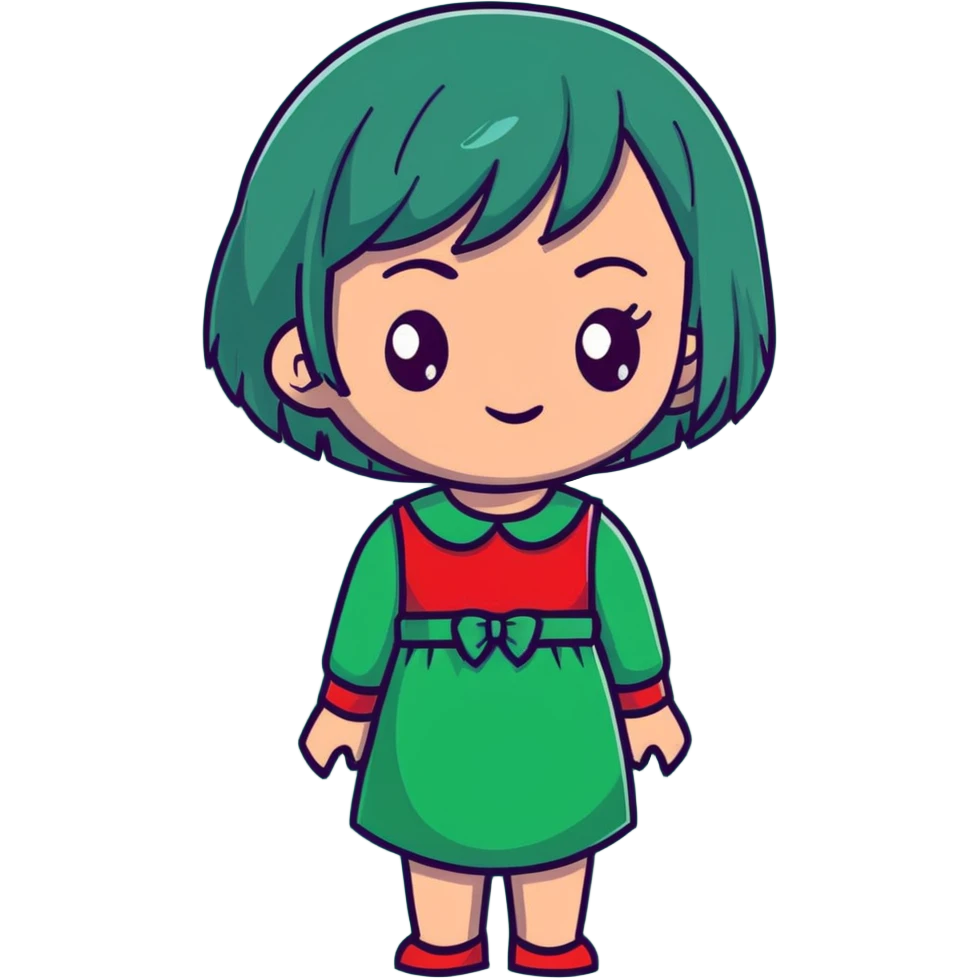 girl with dark green hair, red eyes, and a red dress emoji