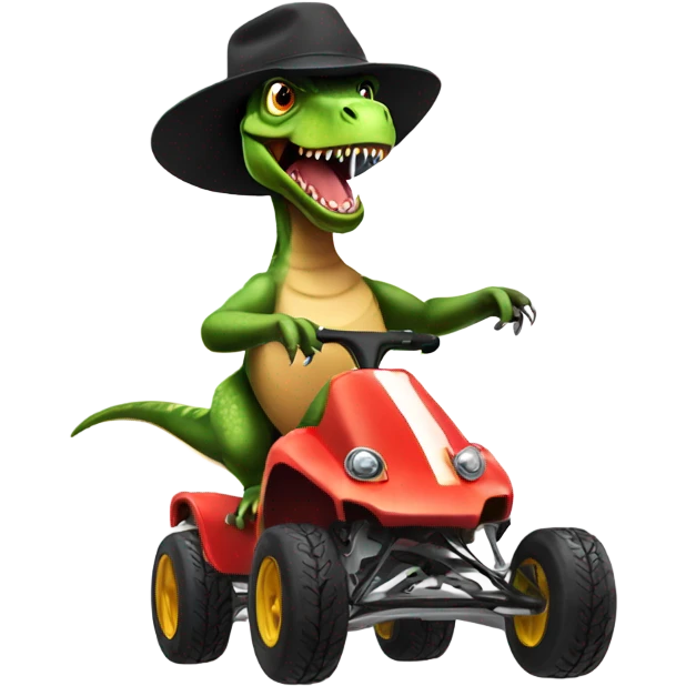 Trex riding a go cart with a cheifs hat emoji