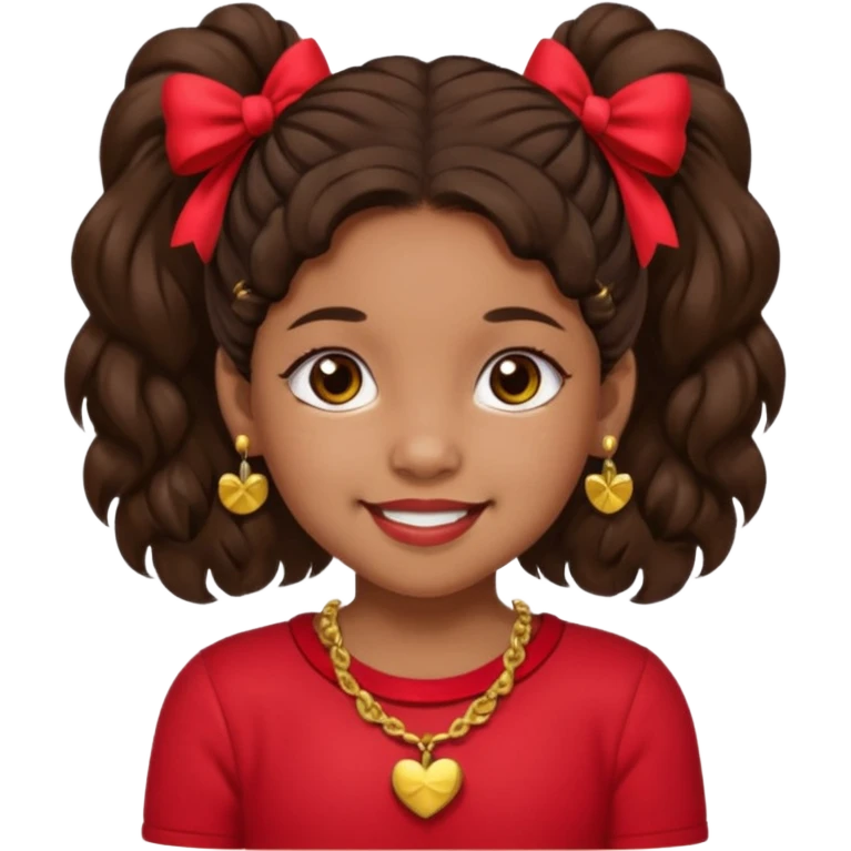 Brownskin girl dark brown hair fluffy. pigtails with red bows brown eyes smiling closed mouth red shirt gold esrrings gold necklace emoji