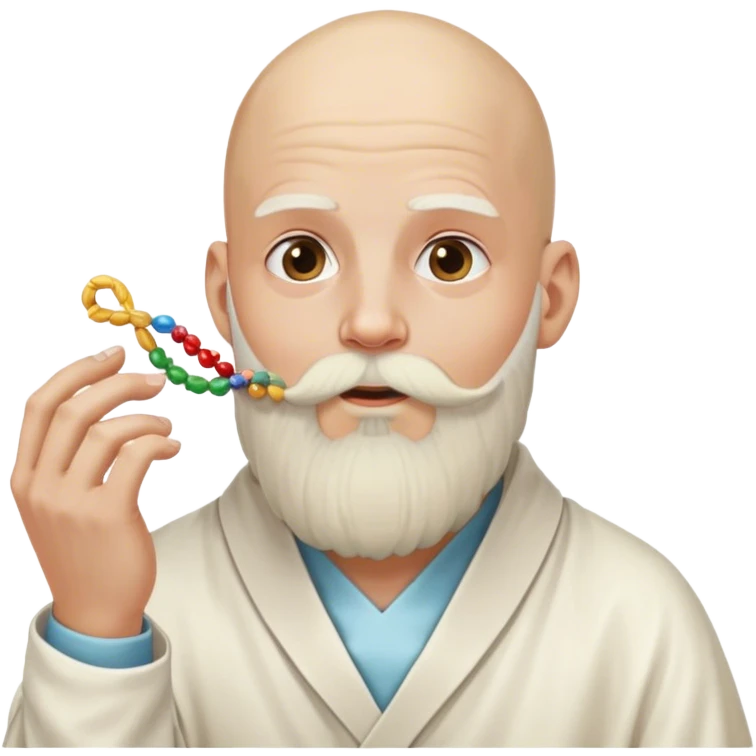 completely bald guy, with a long, white wizard beard tied down in a hair tie, eating a strand of dna emoji