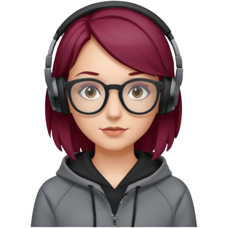white girl with burgundy hair, gray rectangle glasses, black deportive hoodie and black headphones emoji