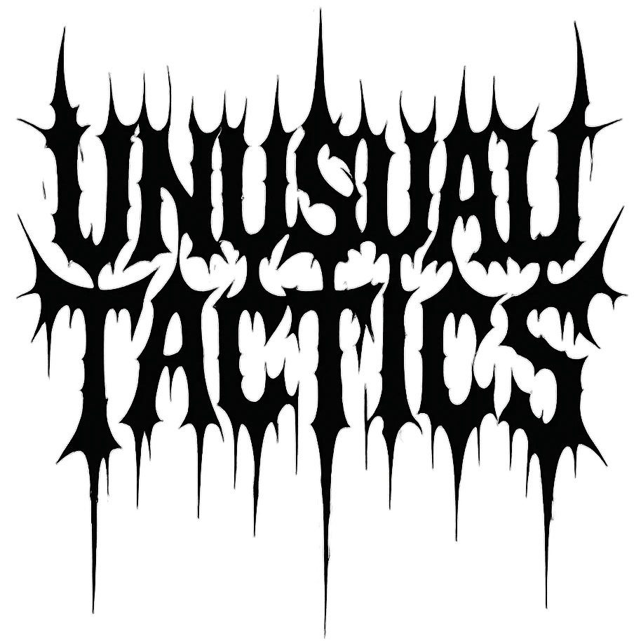 a logo, resembling that of metal band logo, for the text: "unusual tactics", drip font, symmetrical lettering, lettering only emoji