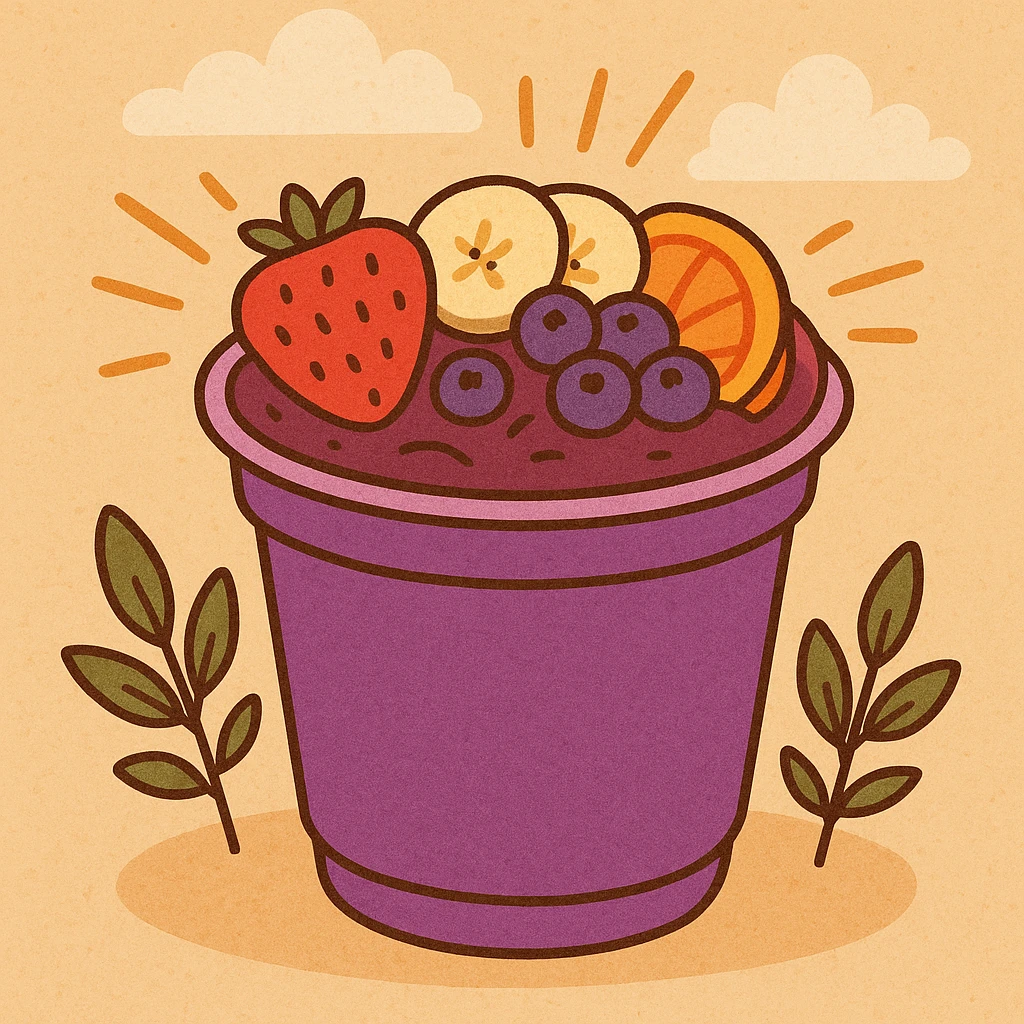 Acai bowl in a purple plastic cup, cartoon style, bright purple cup, colorful fruit, energetic vibe emoji