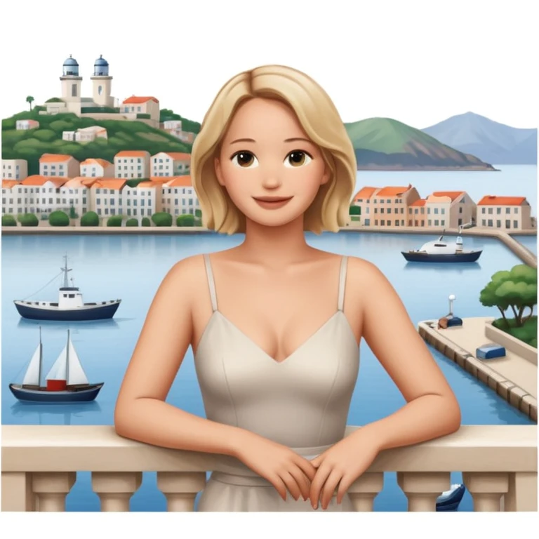 jennifer lawrence, leaning on a balcony with a harbor and cityscape in the background, smiling, closeup portrait  emoji