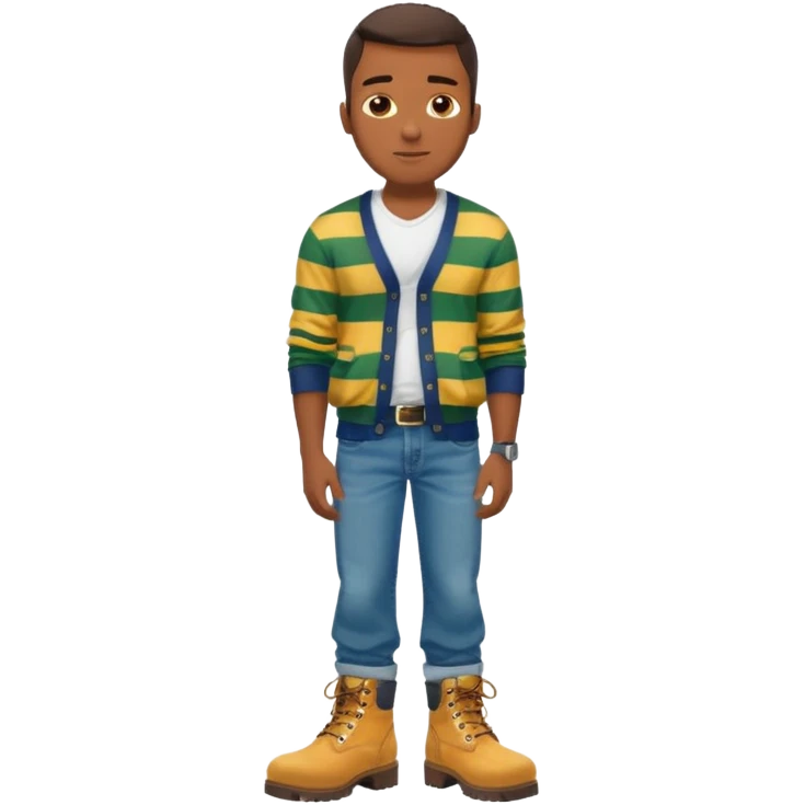 Handsome Black guy with brown skin tone, with lean muscular build, wearing baggy blue jeans, a white v-neck t-shirt, a yellow and green striped cardigan sweater, and timberland boots  emoji