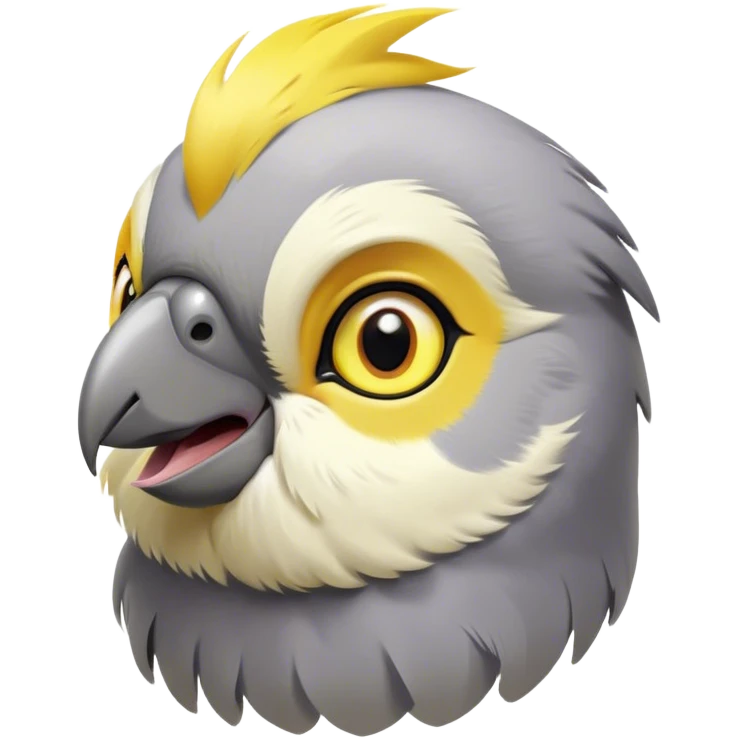 Cinematic Cute Cockatiel Portrait Emoji, Head tilted playfully and inquisitively, featuring a smooth grey fur with bright yellow accents and a perky crest, round, sparkling dark eyes filled with curiosity, Simplified yet irresistibly adorable features, highly detailed, glowing with a warm, friendly glow, high shine, affectionate and lively, stylized with a touch of whimsy, bright and endearing, soft glowing outline, capturing the essence of a mischievous yet loving cockatiel, so playful it feels like it could chirp out of the screen and into your arms! emoji