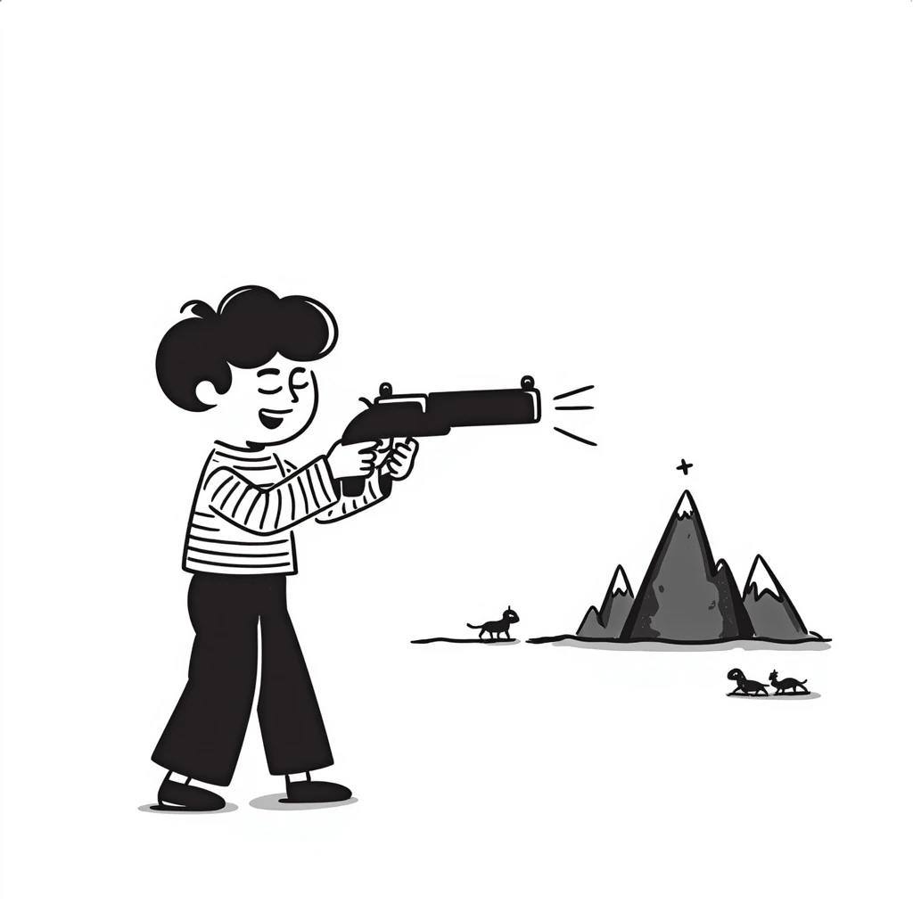 Hand drawn little guy with a toy gun shooting at a mountain with tiny goons emoji