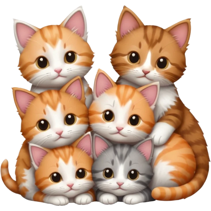 6 tiny kittens cuddling together all different colours, the first one is grey and white, the second is ginger and white and the third is brown tabby and white emoji
