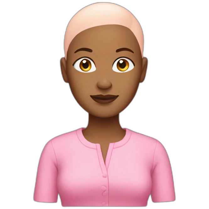 Bald Brown woman wearing pink emoji