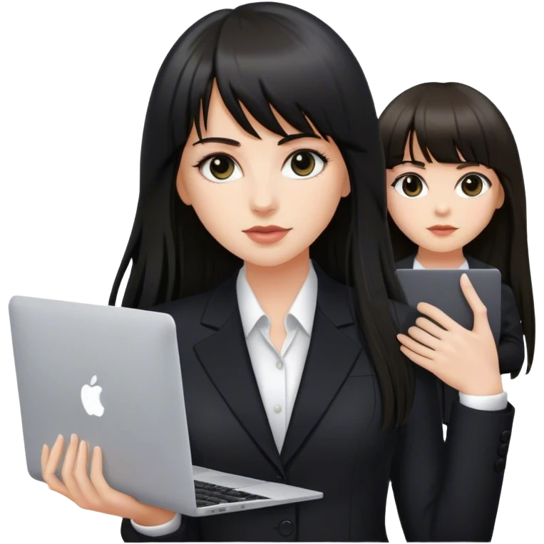 Beautiful white girl, with dark very long hair with bang, wearing black suit with MacBook  emoji