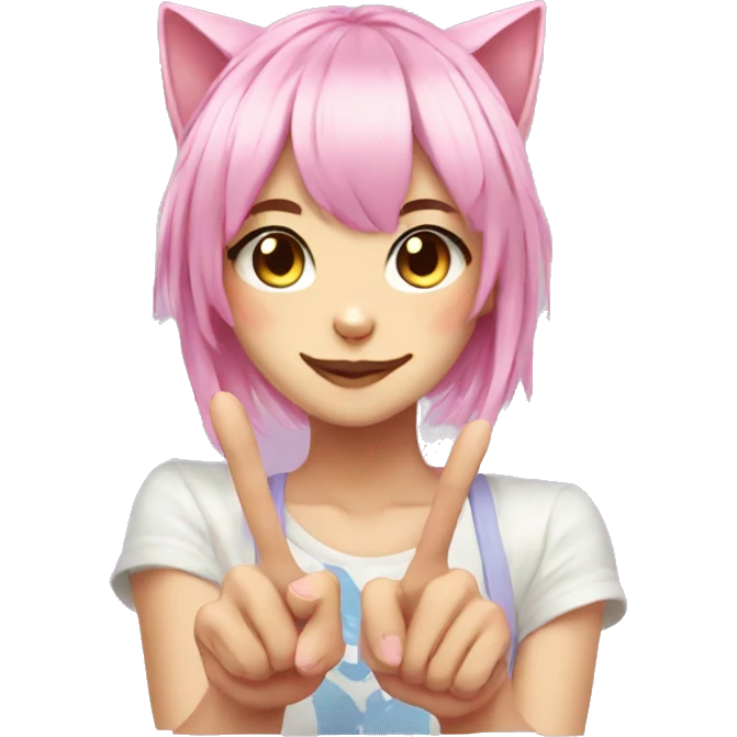 Anime cat girl face pink hair with peace sign fingers emoji