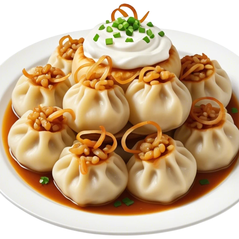 Ukrainian dumplings with fried onions and sour cream on top emoji