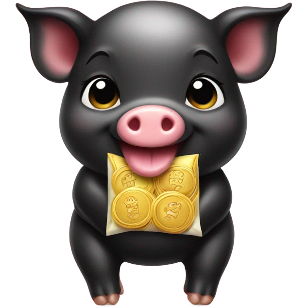 Cute baby black pig smiling with 4 fortune pouches. emoji