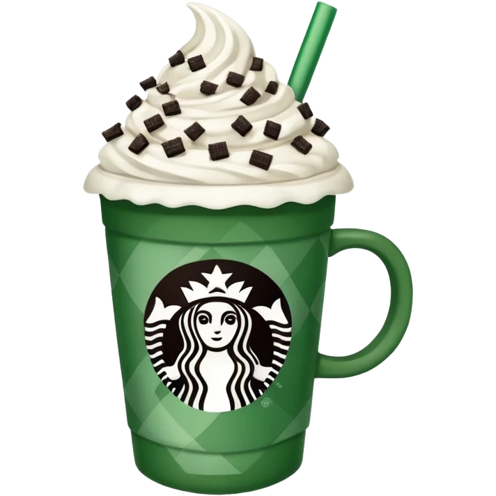 Starbucks hot cocoa with whipped cream and Oreo cookie crumbles in a green checkered to go Starbucks cup  emoji