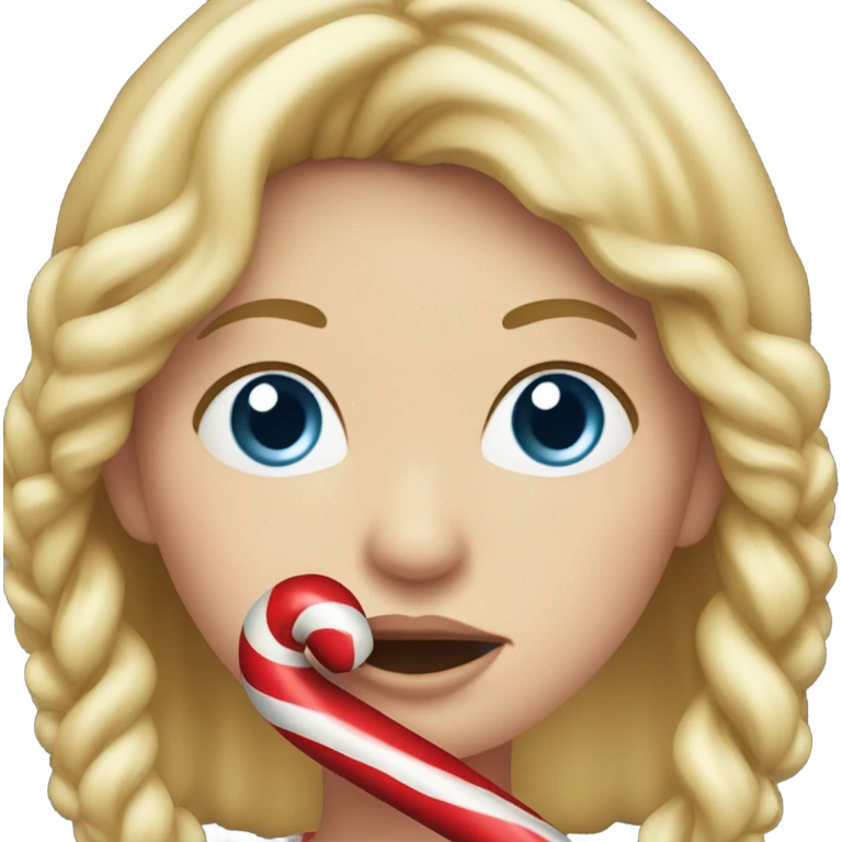 Blonde girl with a candy cane in her mouth coming close to the screen emoji