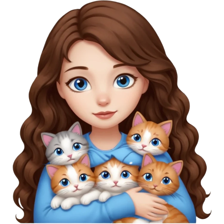 girl with long wavy brown hair, blue eyes, long lashes makeup, cuddling with 6 cute cats emoji