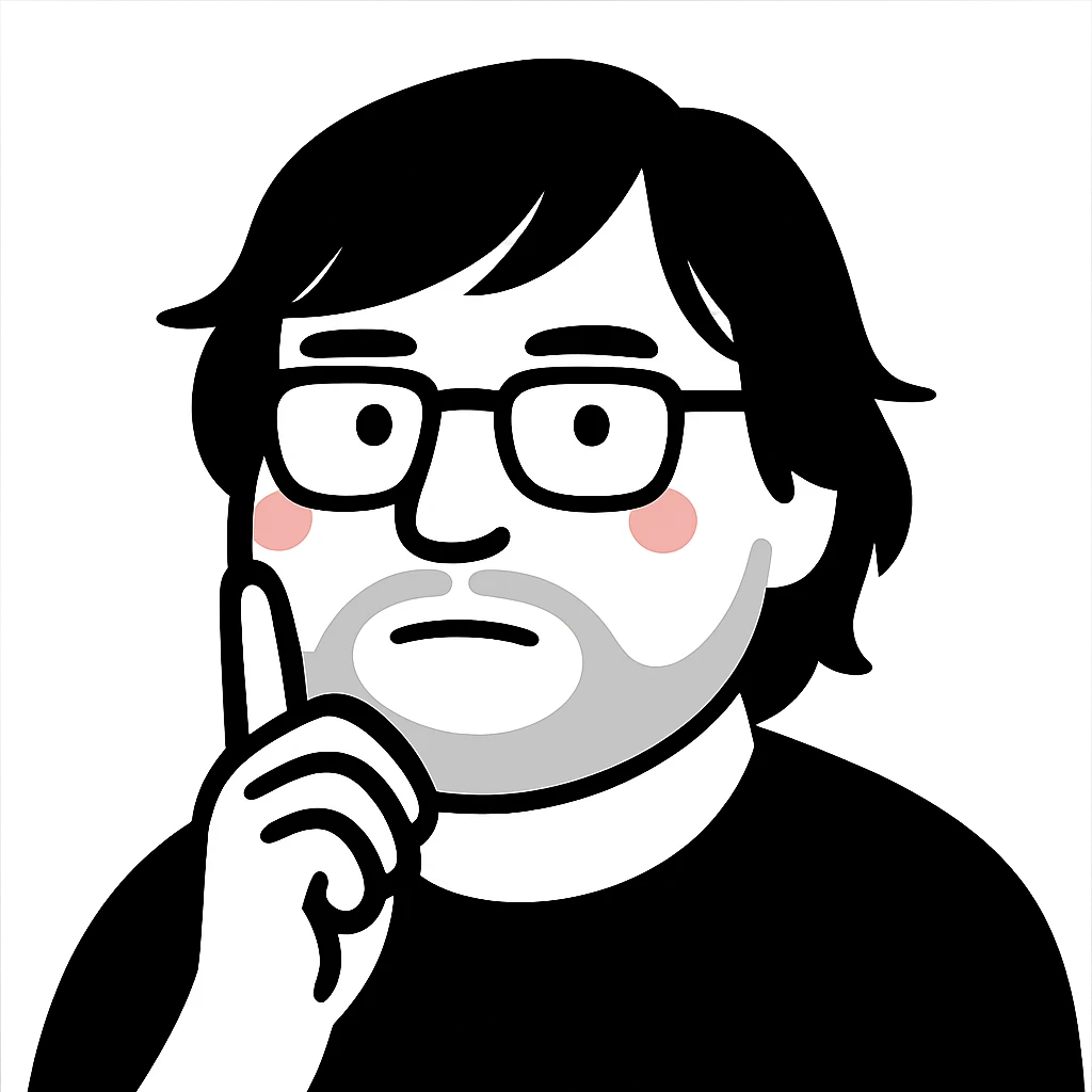 A thoughtful man with glasses, shoulder-length messy hair with side-swept bangs, a distinctly round face, a wider nose, and a neatly trimmed short beard emoji