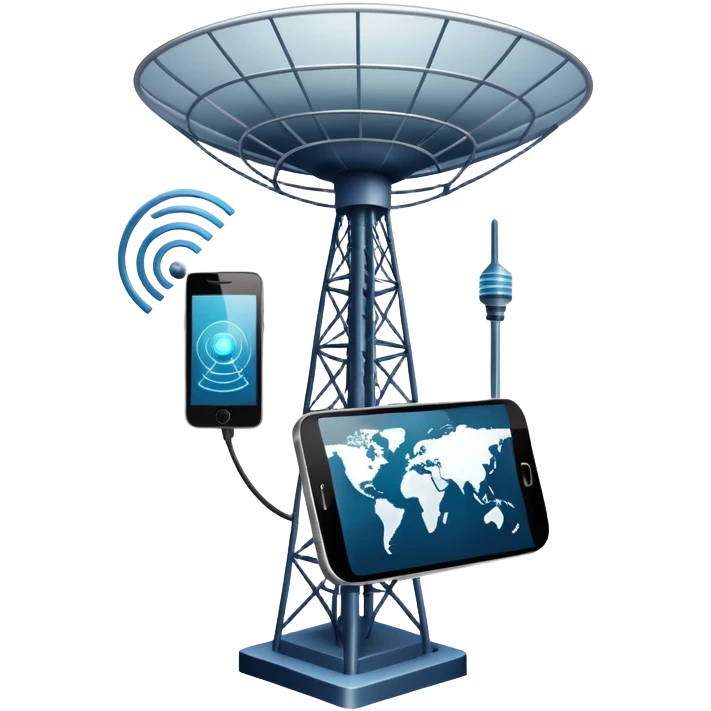An icon featuring a satellite dish, a cell tower emitting signals, and a smartphone displaying a chat interface. The design includes fiber-optic cables and data waves, symbolizing global communication, connectivity, and information exchange. Transparent background. emoji