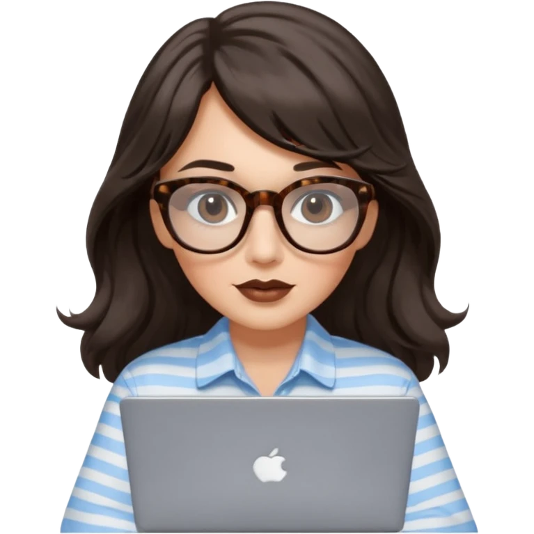 A white woman with long wavy dark brown hair and a whispy bang, wearing thick tortoise SQUARE glasses. She has long lashes and a nude browny glossy lipstick. She's wearing an oversize light blue shirt with white strips. She's working on a laptop emoji