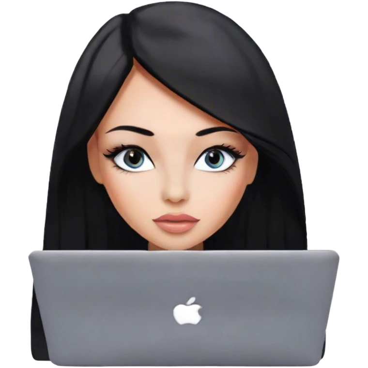 Glamours, tanned, very beautiful girl, with big pump peach-beige-rose lips, eyeliner, long long lashes, black straight smooth silky long hair, straight parting hair, blue-grey eyes with macbook emoji